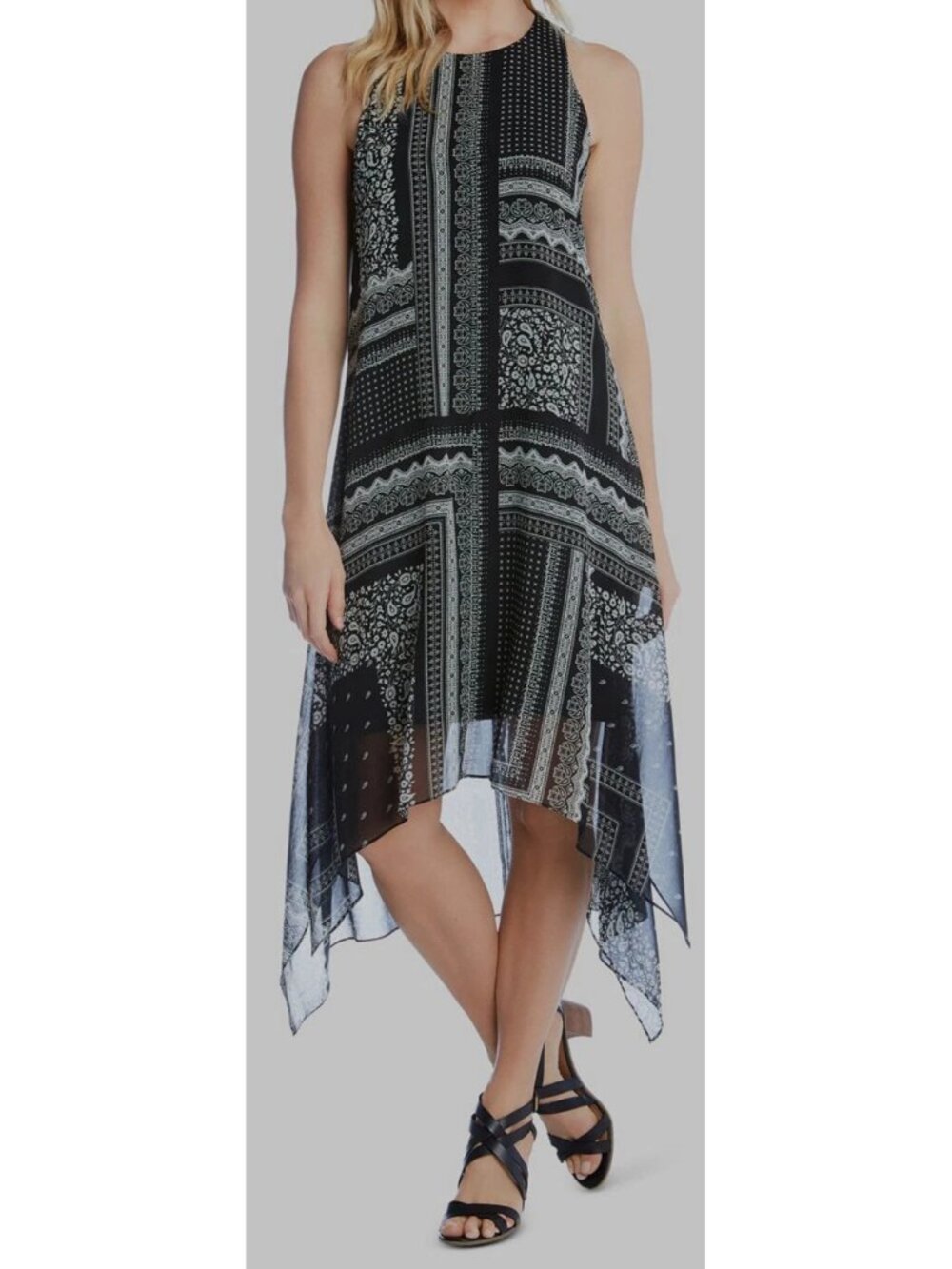 Karen Kane Black Paisley Handkerchief Hem Midi Dress Whimsical Goth Boho Crew L